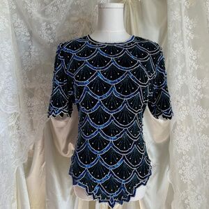 Laurence Kazar Blue Mermaid Beaded 100% Silk Top